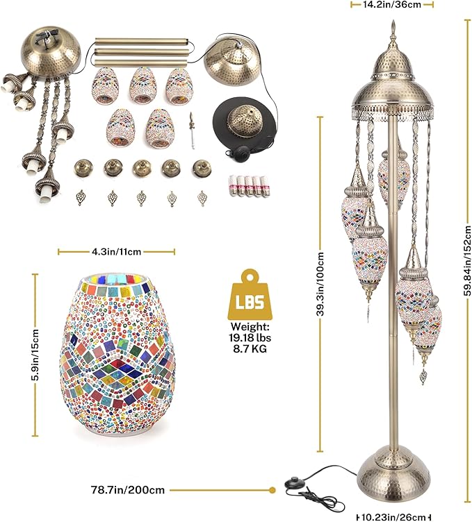 Turkish Floor Lamp, 154CM Moroccan Bohemian Style Living Room Decor, Handcrafted Mosaic Metal Base, Includes 5 Olive Shape Lampshades (XGL Floor-02)