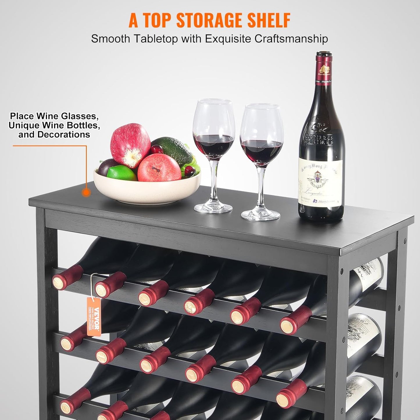 VEVOR 42 Bottle Modular Wine Rack, 7-Tier Solid Bamboo Wood Storage Racks with Table Top, Floor Freestanding Wines Holder Display Shelf, Wobble-Free Shelves for Kitchen, Bar, and Cellar (Black)