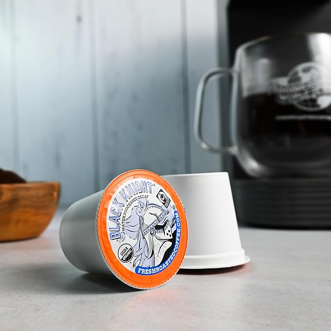 Fresh Roasted Coffee, Organic Black Knight Water-Processed Decaf | USDA Organic, Kosher | Dark Roast | 96 Pods for K Cup Brewers
