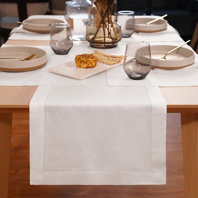 Home Ekaa 100 % Pure Linen White Table Runner 36 inches – Washable Small Hemstitch 14 x 36 Inch Table Runner for Dining, Christmas, Fall, Winter, Holiday & New Years Decor – Elara