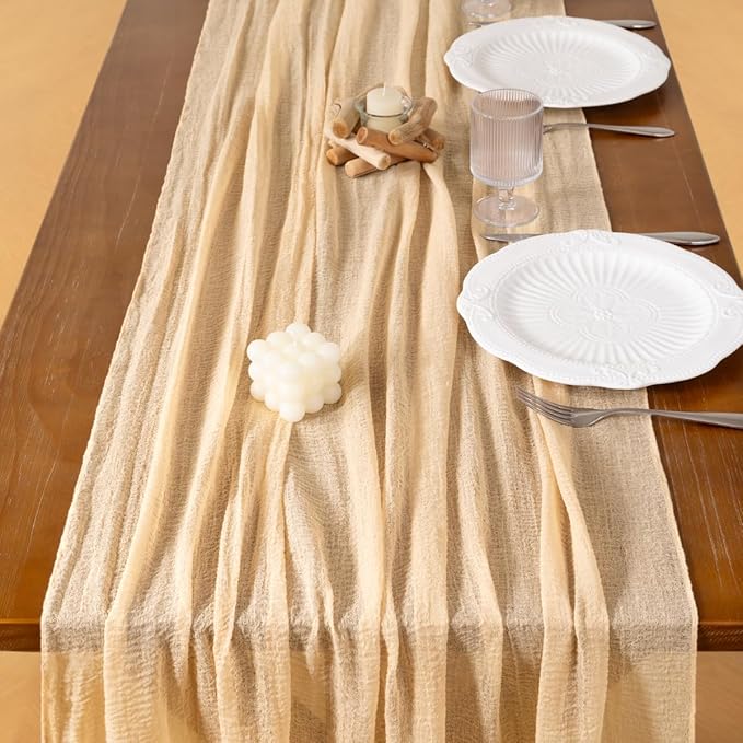 Socomi 3pcs Beige Cheesecloth Table Runner Fall Thanksgiving Gauze 120 Inch Rustic Boho Cheese Cloth Runner for Wedding Party Baby Bridal Shower Centerpiece Decoration Holiday Home Decorations
