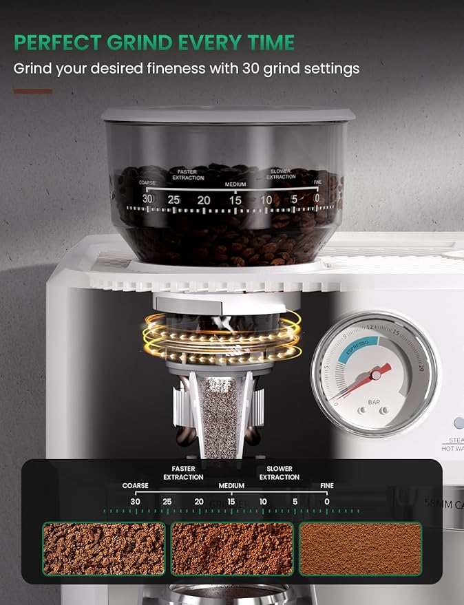 Espresso Machine, 58MM Professional Espresso Machine with Grinder Powerful Milk Frother Steam Wand 15 Bar Espresso Coffee Machine For Home Cappuccino & Latte Machine Stainless Steel