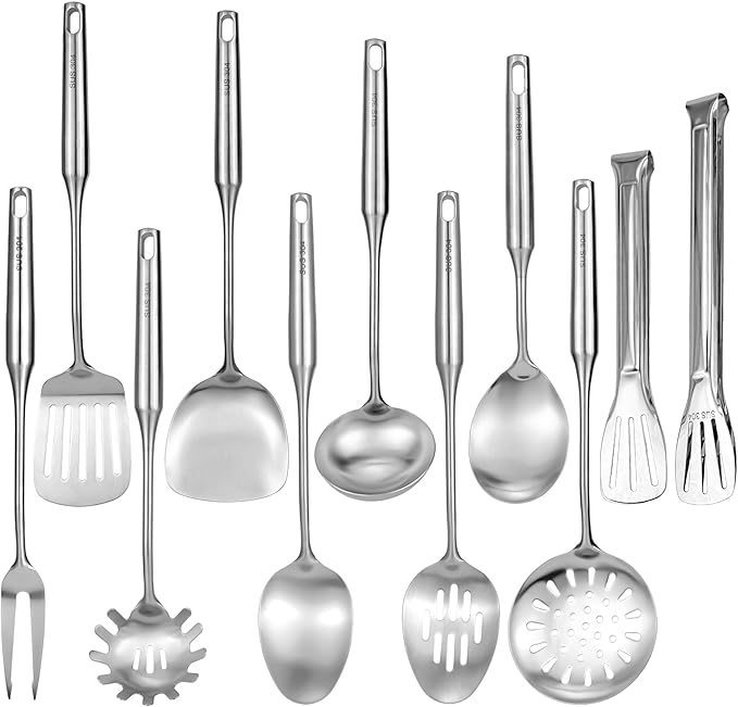 304 18/10 Stainless Steel Kitchen Utensils Set 11 Pcs Long Cooking Utensil, Spatula, Soup spoon, Leaking shovel, Ladle, Tunner, Pasta Server, Meat Fork, Tongs Kitchen Tools Set