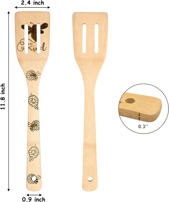 Eartim Bee Wooden Spoons Spatula Set - 5Pcs Bee Themed Cooking Utensil Natural Non-Stick Carve Burned Bamboo Spoon Slotted Spatula Cookware Kitchen Gadgets Housewarming Gift Chef Present Kitchen Decor