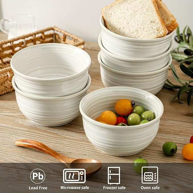 Soup Bowls, 20 Ounce Deep Ceramic Cereal Bowls for Kitchen Home, Serving Bowls Set of 6 Perfect for Oatmeal Rice Pasta Salad Dessert Breakfast, Microwave & Dishwasher Safe Durable, White
