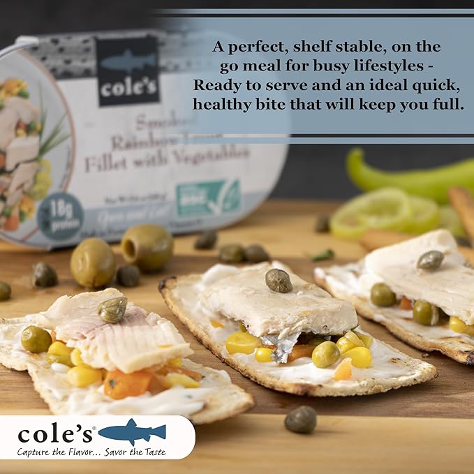 COLE’S - Smoked Rainbow Trout Fillet with Vegetables | Ready to Eat Meal | 5.6 oz Hand-Packed Canned Fish | 18g Protein | High in Vitamin D | 6 pack