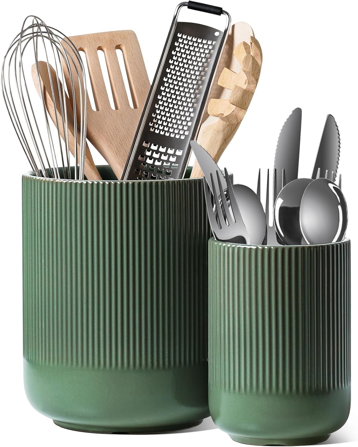 LE TAUCI Utensil Holder, 7.3"+5.4" Ceramic Kitchen Utensil Holder for Countertop, Large Cooking Utensil Crocks for Kitchen Counter, Morden Utensil Organizer for Spatula, Set of 2, Forest Green