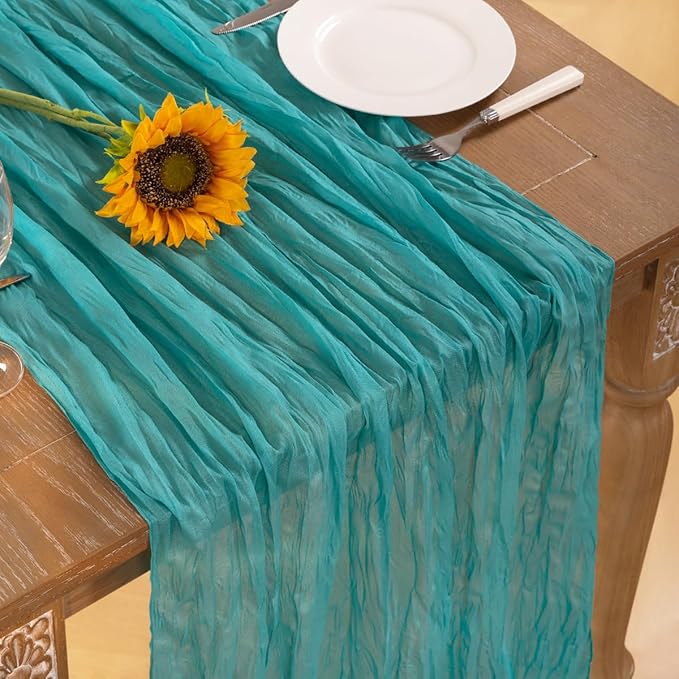 Teal Green Cheesecloth Table Runner Christmas Table Runner Boho Gauze 120 Inches Turquoise Cheese Cloth Table Decor for Xmas Holiday Season Parties Wedding Tea Party Decor