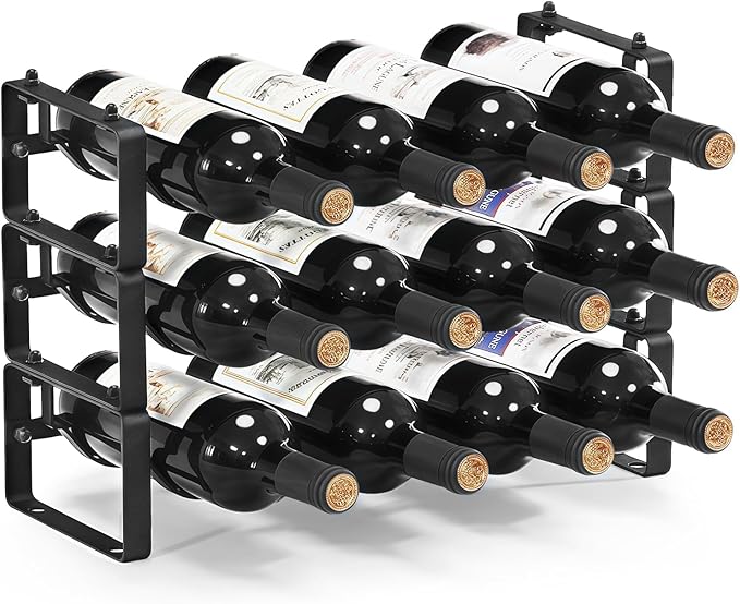 Stackable Wine Rack Countertop, 12 Bottles Wine Bottle Holder for Inside Cabinet, Small Tabletop Wine Holder Stand for Pantry Bar, 3-Tier Angle Adjustable Wine Bottle Rack for Tight Spaces