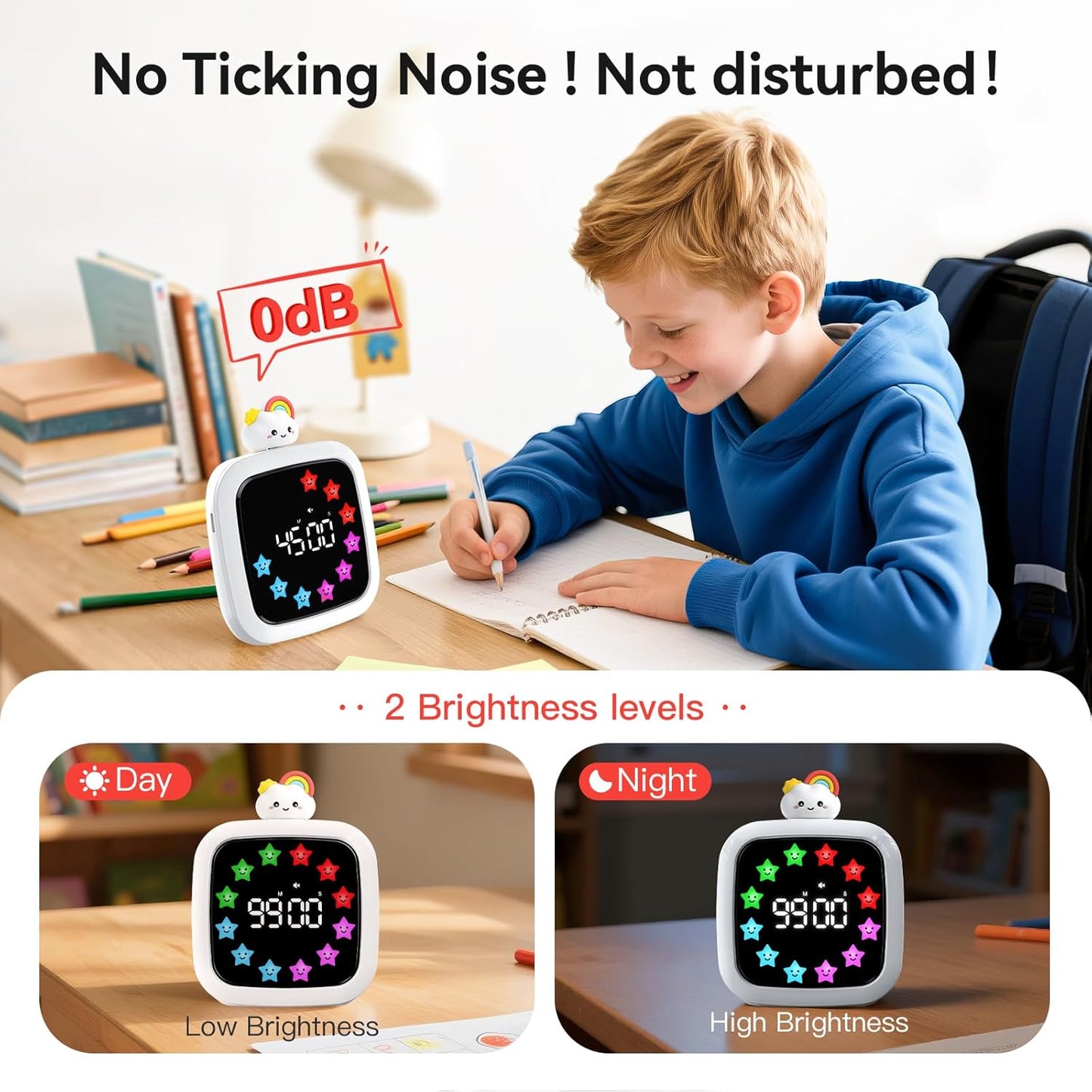 Yunbaoit Digital Visual Timer for Kids, Rechargeable 99-Minute Silent Countdown Timer with 19 Ringtones, 9 Optional DIY Color Star Display, Time Management Tool with Pause Function (Rainbow)