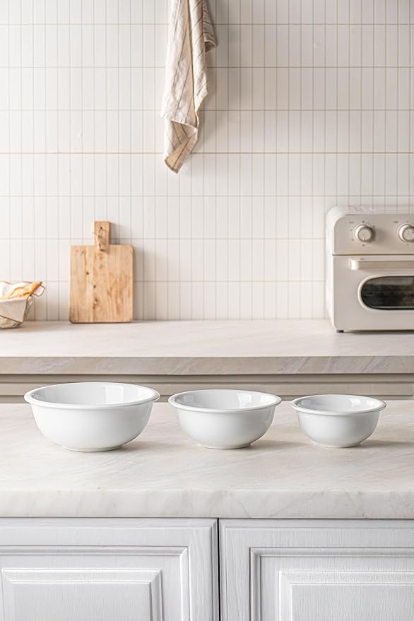 3-Piece Poecelain Mixing Bowls Set For Prepping, Serving, Gift,Baking and Cooking, Preheated Oven, Microwave, and Freezer, Dishwasher Safe (Pure White)
