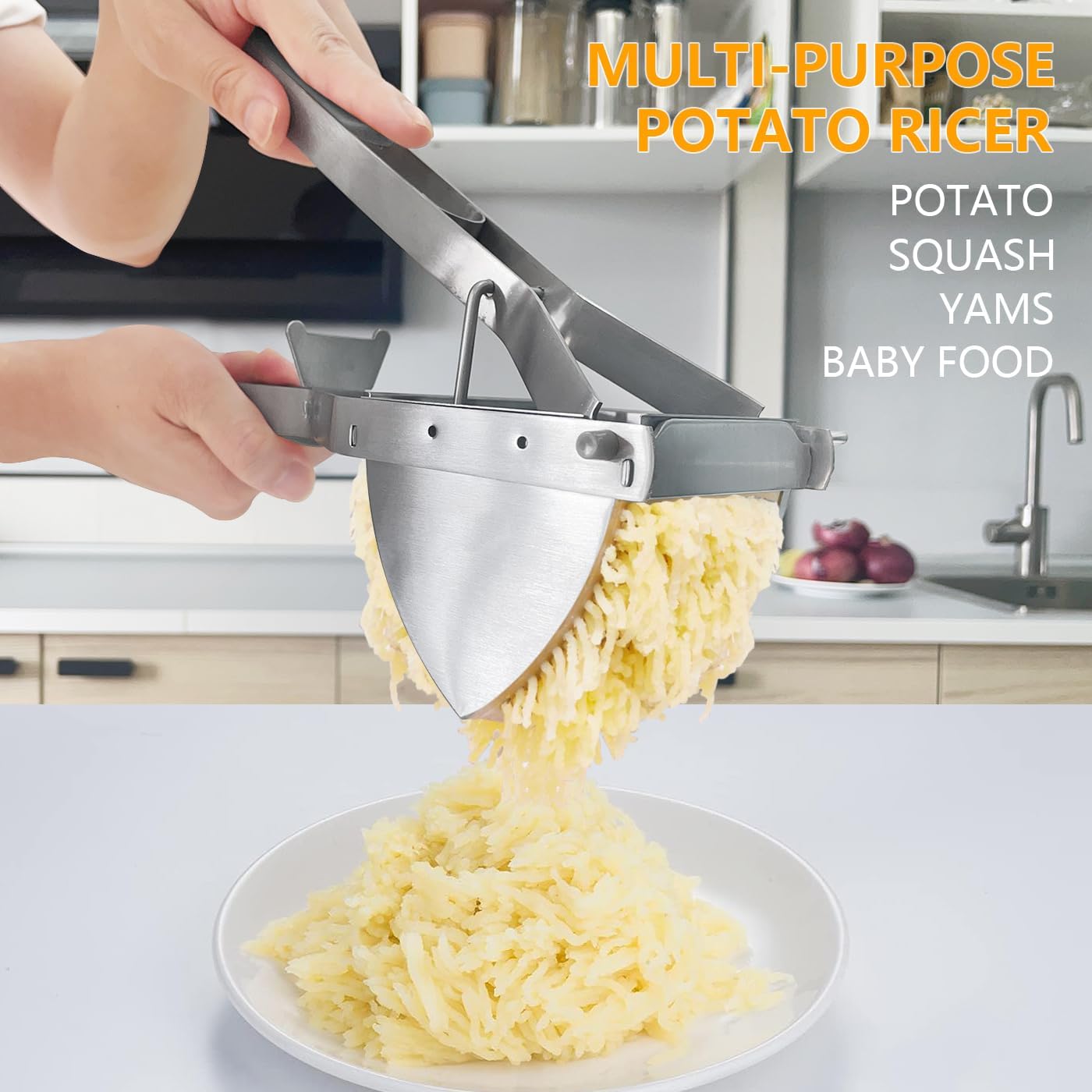 LHS Stainless Steel Potato Ricer and Masher, Heavy Duty Commercial Food Masher, Ergonomic Comfort Grip, Extra Large Capacity, Dishwasher Safe (Grey)