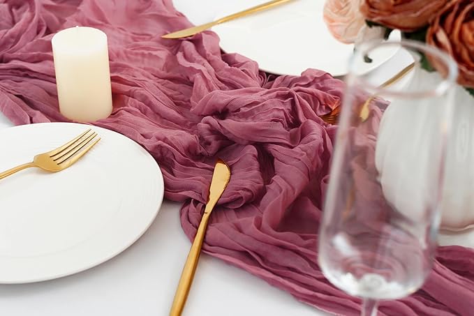combocube 12 Pack 35x120 Inch 10Ft Cheesecloth Long Table Runner Gauze Rustic Romantic Table Cloth for Wedding Reception Bridal Shower Holiday Birthday Party Table Decorations, Dusty Rose