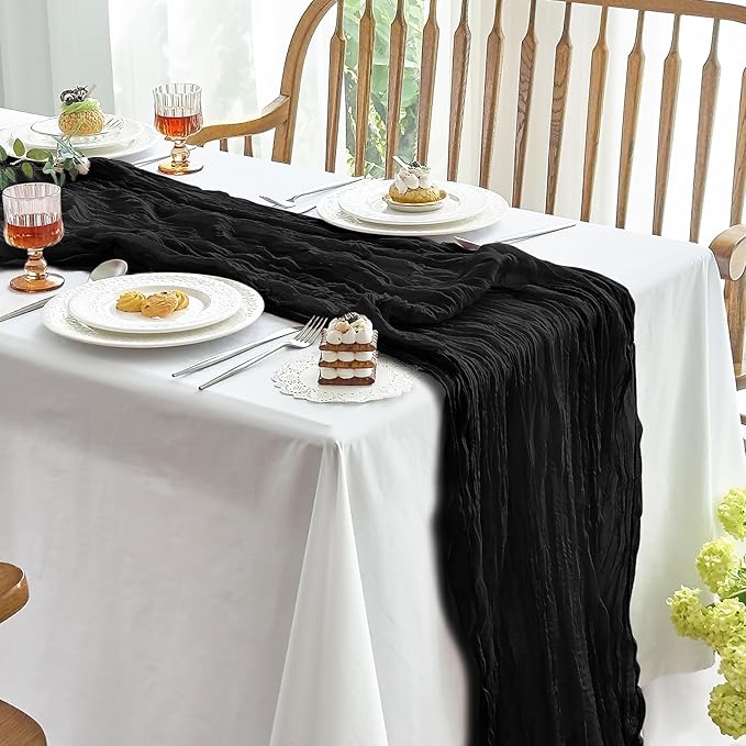IVAPUPU 2 Pcs Cheesecloth Table Runner - 10ft Black Boho Gauze Black Cheese Cloth Table Runners for Indoor Baby Shower Decoration Wedding Party Summer Garden Fall Thanksgiving Decor
