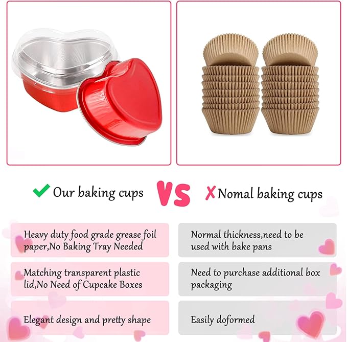 Heart Shaped Cake Pans Valentine Aluminum Mini Cake Pans with Lids for Baking 30 Packs 3.4 Ounces Disposable Cupcake Cup Pan Baking Pans for Valentine Mother's Day Wedding Birthday Baking Supplies