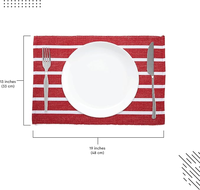 Encasa XO Dining Placemat Set of 6 | Solid Roma Red Stripes Color | Fine Ribbed Cotton Table mat | Size 19x13 in |for Dining Table Fall Decoration, Holiday & Christmas Festivals - Machine Washable