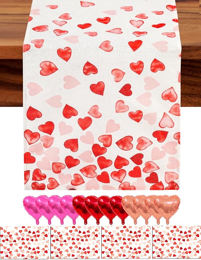 Pink Red Love Valentine's Day Table Runner 13"x72" & 4 Pcs 12"x18" Placemats Sets with 12 Heart Balloons, Love Letter Balloons, Stickers & Blowing Straw for Home Party Decor