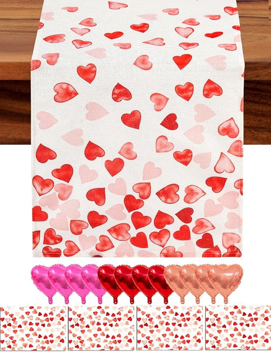 Pink Red Love Valentine's Day Table Runner 13"x72" & 4 Pcs 12"x18" Placemats Sets with 12 Heart Balloons, Love Letter Balloons, Stickers & Blowing Straw for Home Party Decor