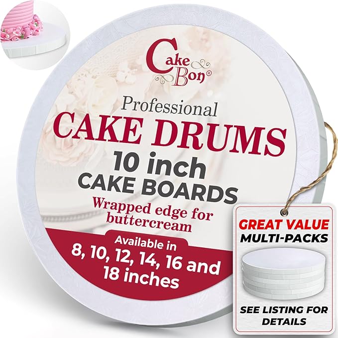 Cakebon Cake Boards - Sturdy 1/2 Thick Drums - 10 Inch Professional Fully Wrapped Edges White 3-Pack