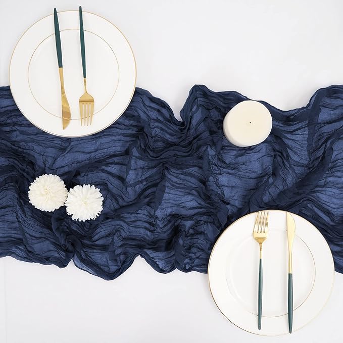 12 Pack 10Ft Navy Blue Cheesecloth Table Runner 35 x 120 inch Boho Gauze Cheese Cloth Table Runner Vintage Rustic Sheer Runners for Wedding Bridal Shower Birthday Party Cake Table Decorations