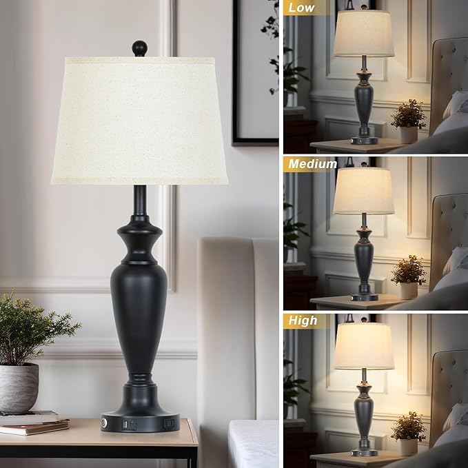 30" Tall Table Lamps Set of 2, Touch Control Bedside Lamp with USB A+C Ports and AC Outlet, 3-Way Dimmable Modern Metal Nightstand Lamp for Bedroom Living Room, 2 LED Bulbs Included, Black