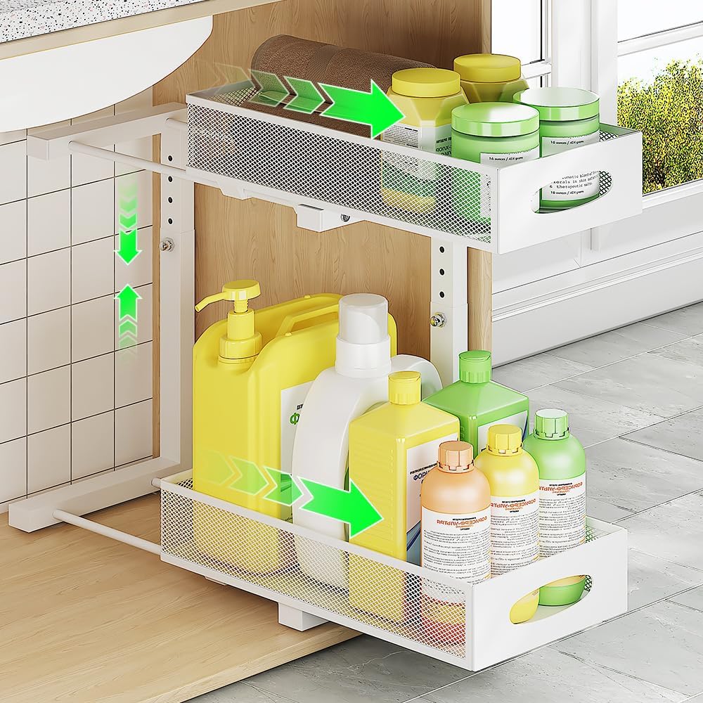Under Sink Organizer, 2-Tier Slide-Out Storage Shelf with Mesh Drawers - Adjustable Height Heavy-Duty Steel Cabinet Organizer for Kitchen/Bathroom/Laundry, Easy Assembly, Space Saver (White)