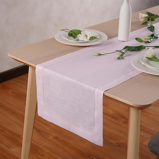 Home Ekaa Pink Table Runner 36 inches – 100% Pure Linen Hemstitch Coffee Table Runner 14 x 36 Inch Ideal for Dresser Tables – Elara, Spring, Summer, Wedding Decorations, Gift