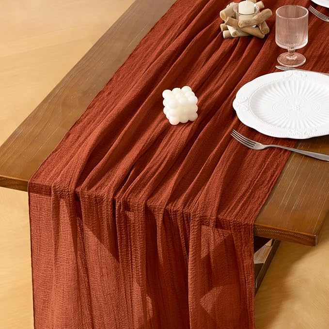Socomi Terracotta Cheesecloth Table Runner Fall Thanksgiving Gauze 120 Inch Rustic Boho Cheese Cloth Runner for Wedding Party Baby Bridal Shower Centerpiece Decoration Holiday Home Decorations