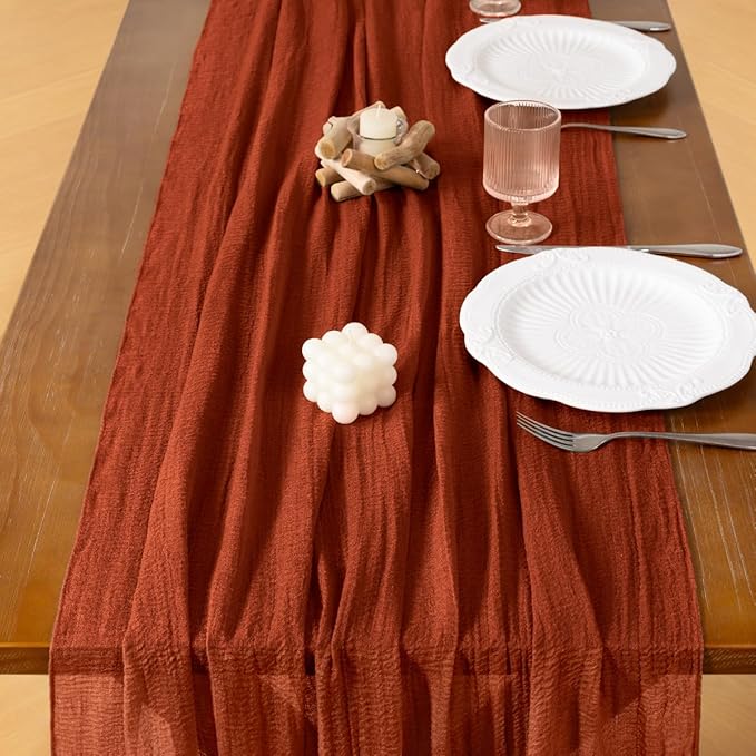Socomi Terracotta Cheesecloth Table Runner Fall Thanksgiving Gauze 120 Inch Rustic Boho Cheese Cloth Runner for Wedding Party Baby Bridal Shower Centerpiece Decoration Holiday Home Decorations