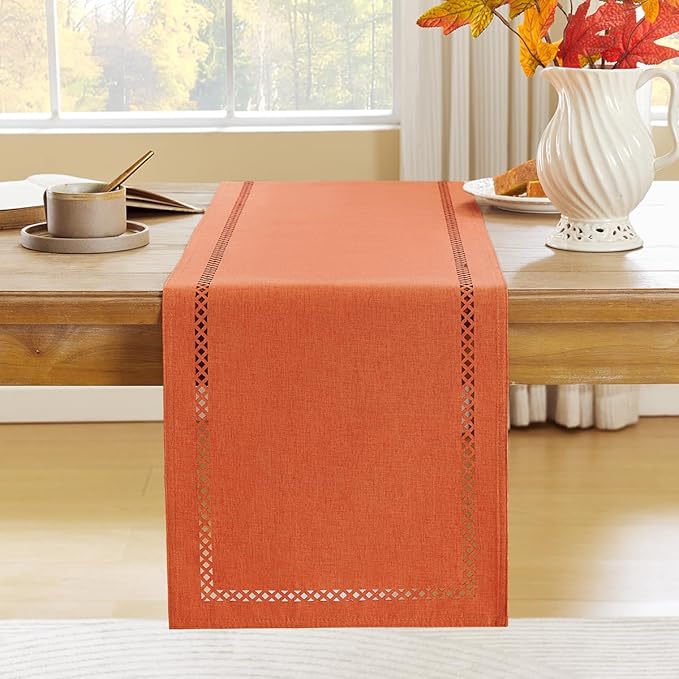 Fall Table Runner Decorations, Burlap Style Farmhouse 13 x 90 Inch Orange Table Runner, Rustic Geometric Hollow Table Runners 90 Inches Long for Autumn Thanksgiving Decorations, 13x90 Inches, Orange