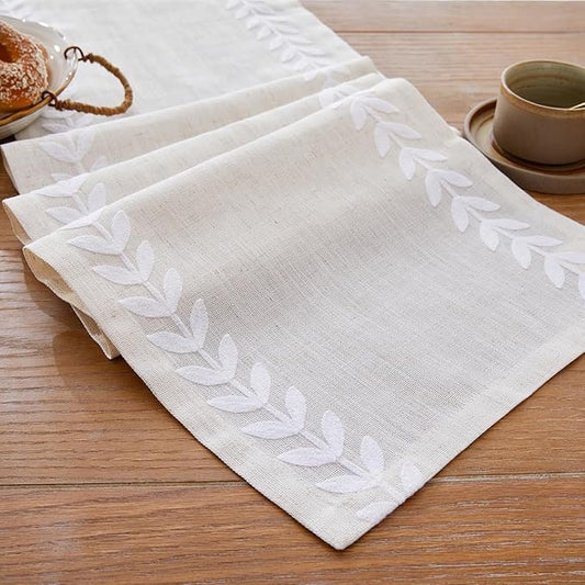 Wracra Embroidered Table Runner Irregular Willow Leaf Table Runners 48 Inches Long for Dresser Home Dining Table Decor,14 x 48 Inch, White