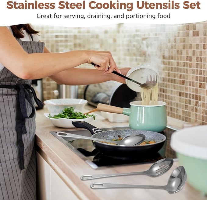 4 Pcs Stainless Steel Cooking Utensils Set, Includes Ladle, Slotted Serving Spoon, Solid Serving Spoon, Pasta Server, 430 Stainless Steel Metal Kitchen Utensils for Cooking