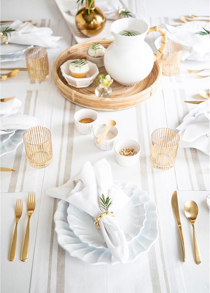 Solino Home Linen Table Runner 72 Inches Long - 100% Pure Linen Natural and White French Stripe Table Runner 14 x 72 Inch for Dining, Dresser