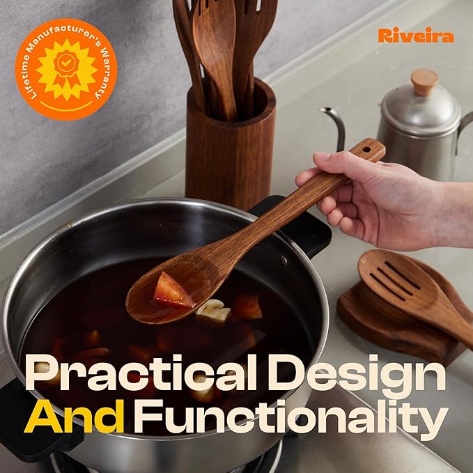 Riveira Teak Wooden Spoons for Cooking Set of 3 – Natural Teak Wooden Cooking Utensils, Wooden Spatula, Wooden Spoon - Premium Quality Utensil Set for Non-Toxic Cooking