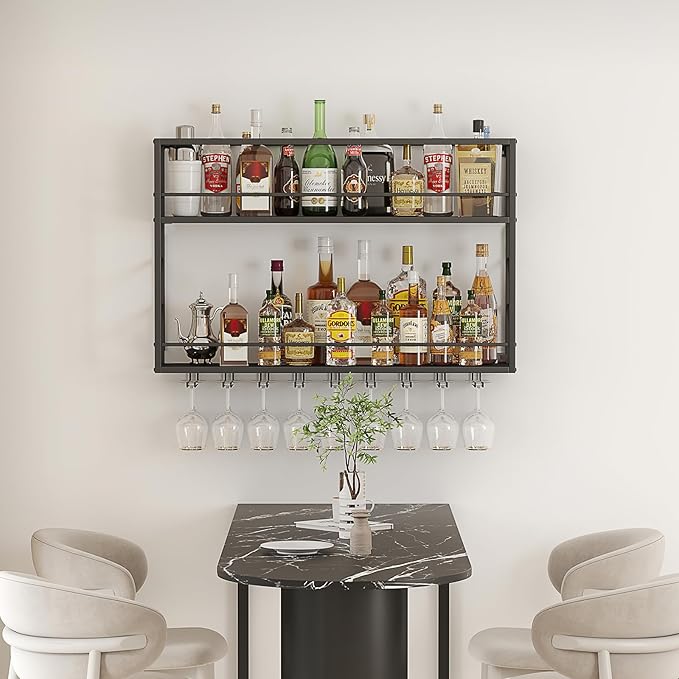 Wall Mounted Wine Rack 2 Tier, Metal Bar Liquor Shelves and Glass Holder,Wall Bar Shelf Wine Display Storage Holder for Home Bar, Dining Room, Kitchen (47.2×7.8×26in)