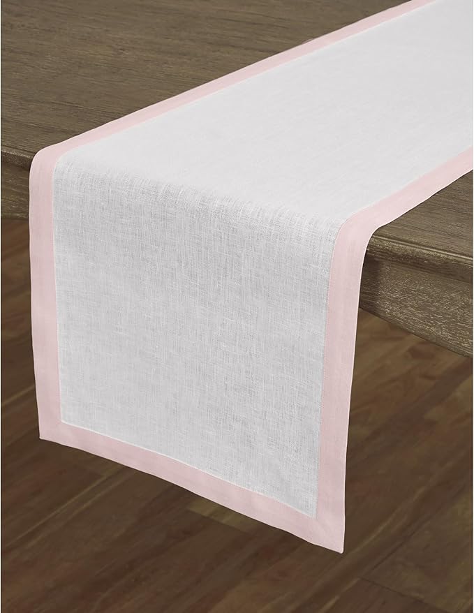Solino Home Linen Table Runner 108 Inches Long - Blush Pink and White 100% Pure Linen 14 x 108 Inch Table Runner for Dining, Christmas - Classic