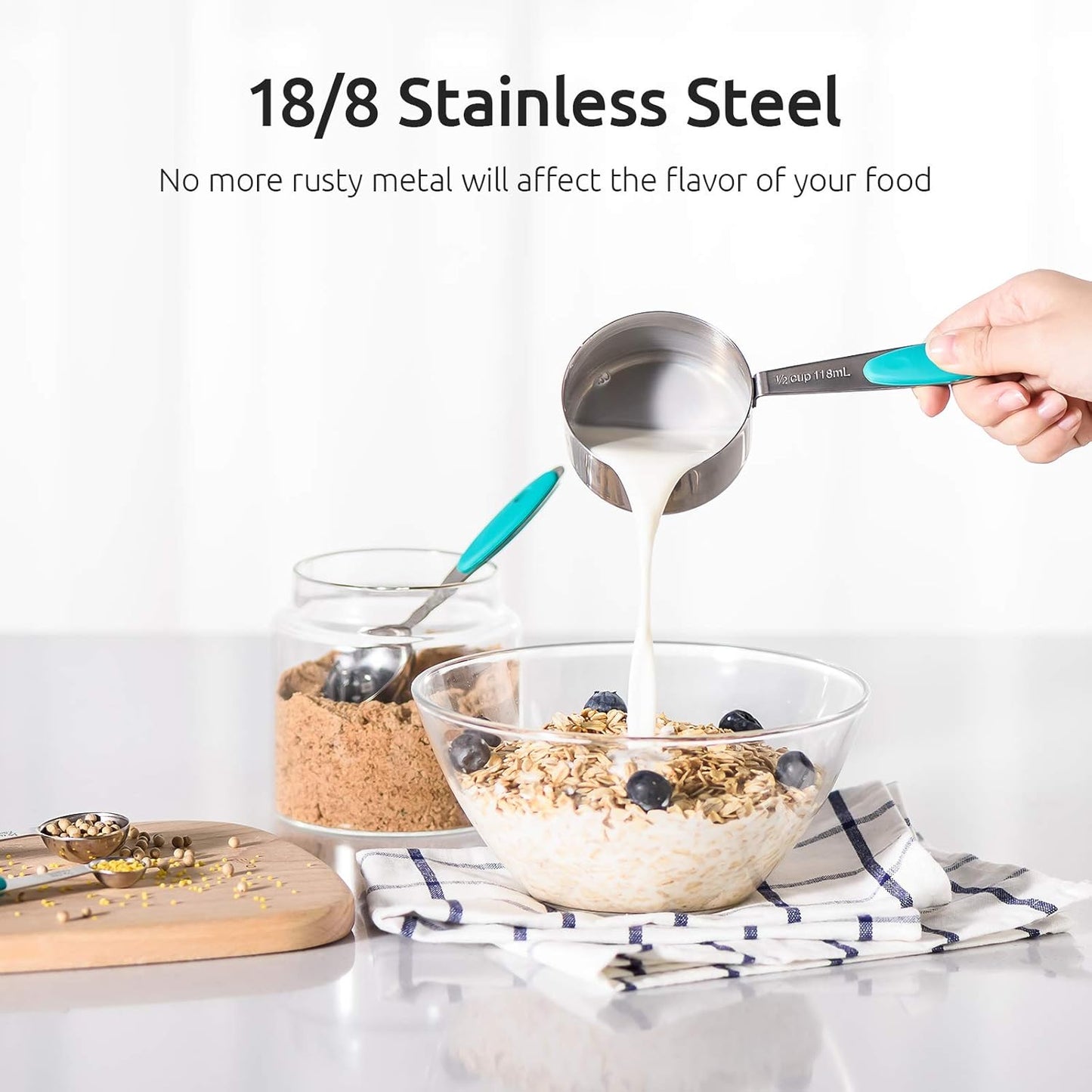 Measuring Cups : U-Taste 18/8 Stainless Steel Measuring Cups and Spoons Set of 10 Piece, Upgraded Thickness Handle (Teal)