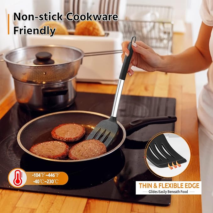 E-far Silicone Spatula Set of 2, Solid & Slotted Turner for Nonstick Cookware, Heat Resistant Rubber Kitchen Cooking Utensils for Flipping Fish Pancake Egg - Black