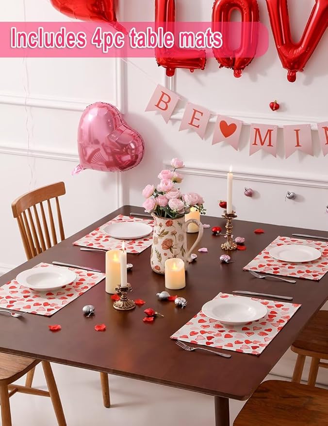 Pink Red Love Valentine's Day Table Runner 13"x72" & 4 Pcs 12"x18" Placemats Sets with 12 Heart Balloons, Love Letter Balloons, Stickers & Blowing Straw for Home Party Decor