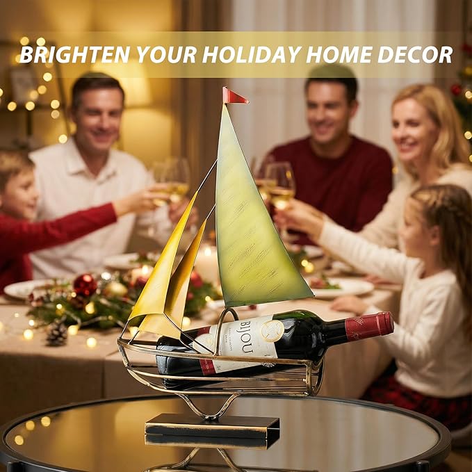 Metal Sailboat Wine Rack for Countertop – Decorative Wine Bottle Holder for Kitchen Bar Dining Table, Boat Sculpture Wine Stand Nautical Home Decor (Gold and Green)