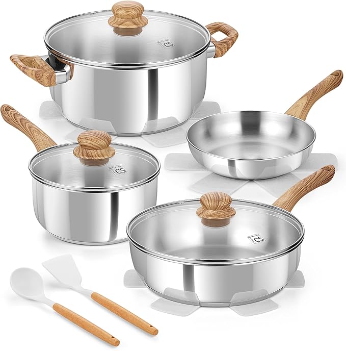 KOCH SYSTEME CS Stainless Steel Pots and Pans Set, Professional 18/10 Cookware Set Pots and Pans Set 12PCS with Cool-Touch Bakelite Handles, Tri-ply Base Kitchen Cookware Sets, Induction Compatible