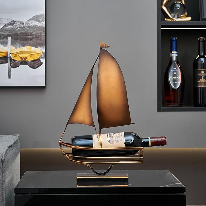 Metal Sailboat Wine Rack for Countertop – Decorative Wine Bottle Holder for Kitchen Bar Dining Table, Boat Sculpture Wine Stand Nautical Home Decor (Brass)