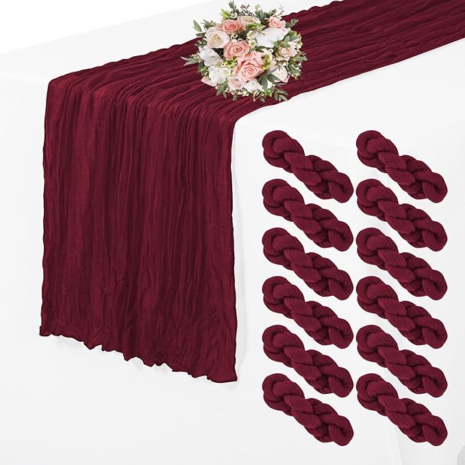 12 Pack Cheesecloth Table Runner 35 x 70 inch Long Boho Cheese Cloth Gauze Table Runners Semi Sheer Table Runner for Wedding Decor, Bridal Shower, Birthday Party (Burgundy)