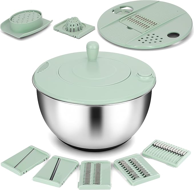 Unokit Stainless Steel Salad Spinner - Large Salad Spinner with Non-Slip Base and 5 Blade Slicers, Dishwasher Safe Lettuce Spinner for Efficient Salad Preparation and Food Washing in Kitchen