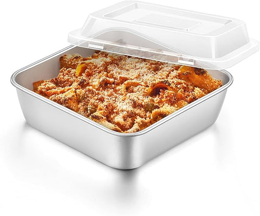 E-far 6 x 6-Inch Square Baking Pan with Lid, Small Stainless Steel Cake Brownie Pans Trays Dishes for Toaster Oven Air Fryer, Healthy & Dishwasher Safe - Set of 1(1 Pan + 1 Lid)
