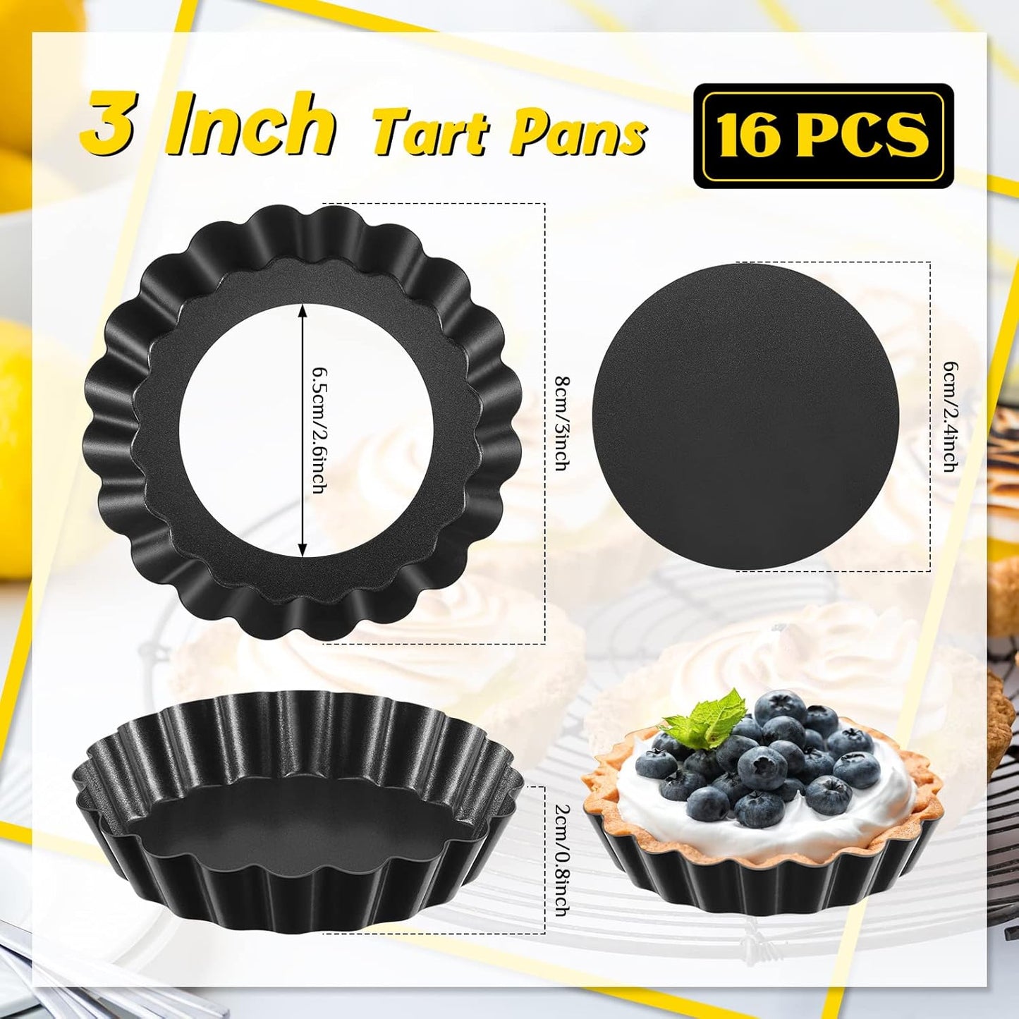 Tessco 16 Pieces Mini Tart Pans with Removable Bottom Nonstick Quiche Mini Pie Tart Pans Bakeware Mold Fluted Side for Pies(Black Gray Round,3 Inch)