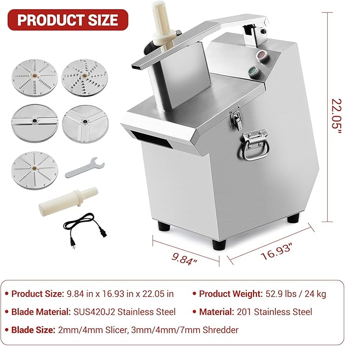 Heavy Duty Commercial Food Processor - 3mm/4mm/7mm Shred & 2mm/4mm Slice Blades, Stainless Steel Electric Food Chopper for Restaurant, Hotel, Kitchen