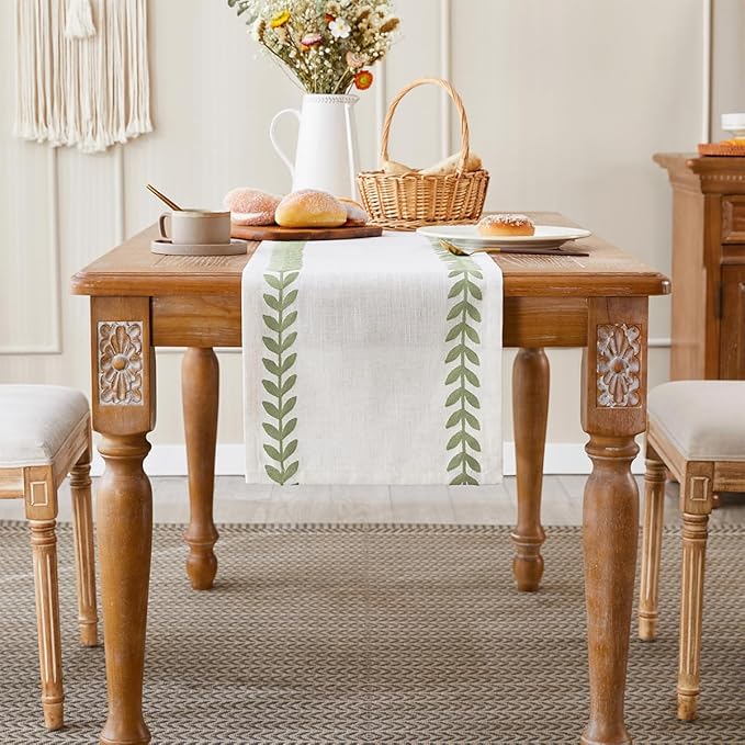 Wracra Embroidered Table Runner Irregular Willow Leaf Table Runners 72 Inches Long for Dresser Home Dining Table Decor,14 x 72 Inch, Light Sage Green