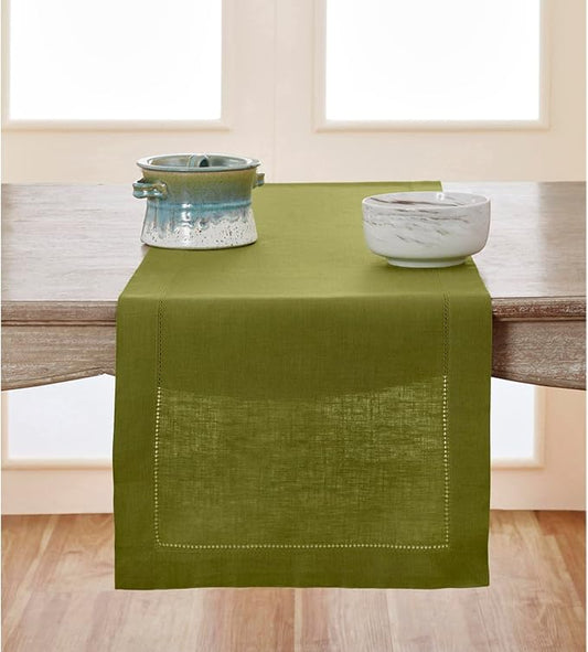 Solino Home Linen Avocado Green Hemstitch Table Runner 60 Inches - 100% Pure Linen Small Table Runner 14 x 60 Inch Ideal for Dresser and Coffee Tables - Classic Hemstitch