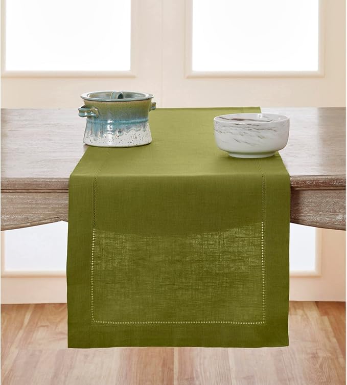 Solino Home Linen Table Runner 120 Inches Long - 100% Pure Linen Avocado Green Table Runner 14 x 120 Inch - Classic Hemstitch